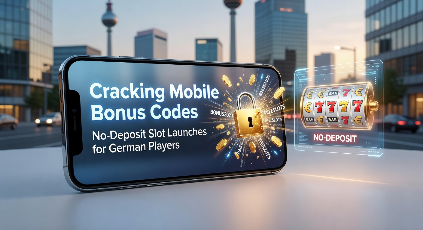 Smartphone mit Slot-App und aktivem No-Deposit-Bonus-Code auf dem Bildschirm, umgeben von deutschen Flaggen und Casino-Symbolen
